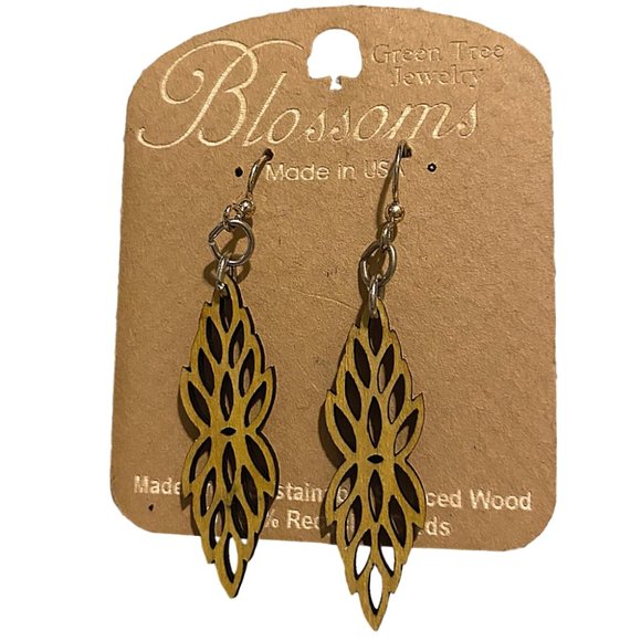 Blossoms Green Jewels Wood Cut Earrings NEW - Picture 1 of 5